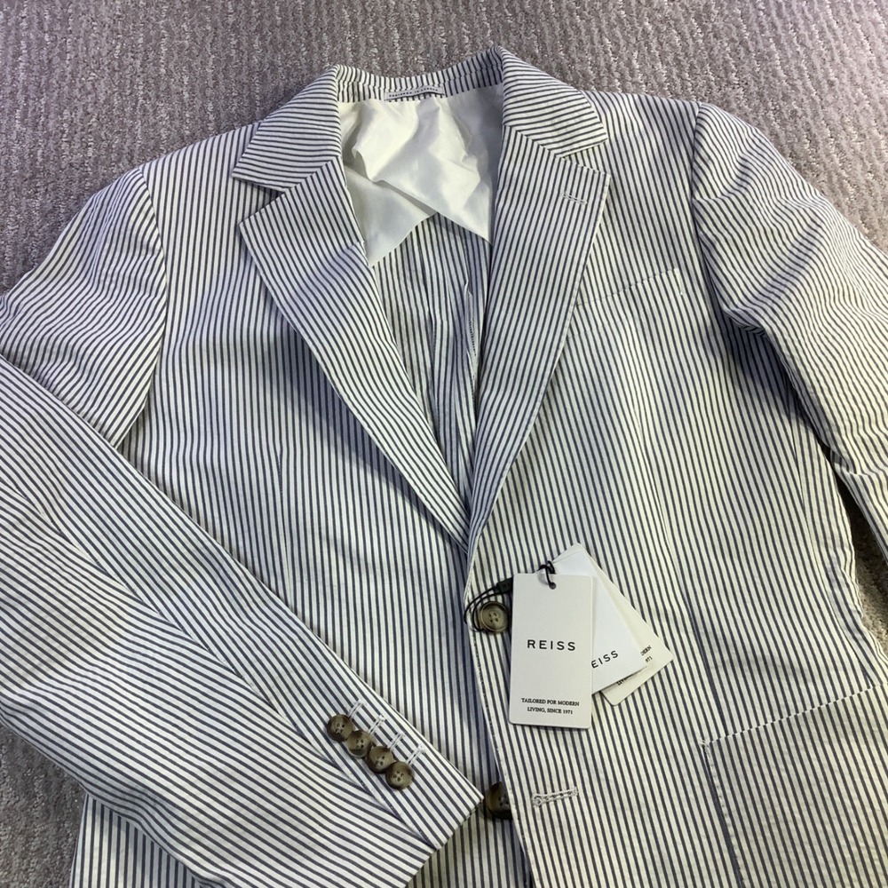 REISS Barr 2B Notch Stripe Blazer Soft‎ Blue White Size 38 NWT